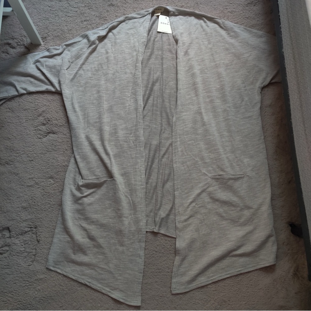 DONNI. Anthropologie Sandwash Ribbed Cardigan Light Beige Gray Striped Open - Picture 3 of 8